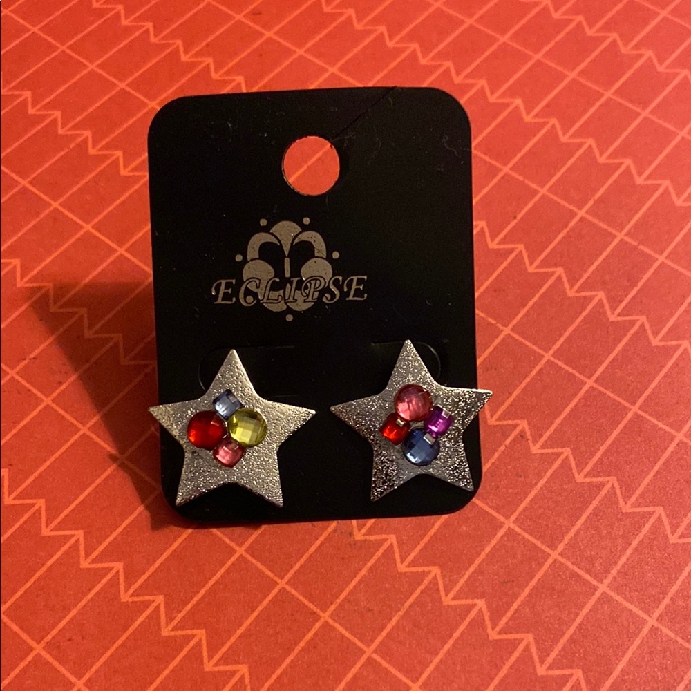 Eclipse Silver Star Earrings with Multicolor Gems